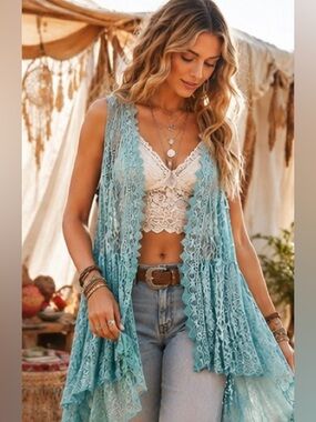 Origami Aqua Lace Boho Kimono Duster Vest Festival Layering Piece